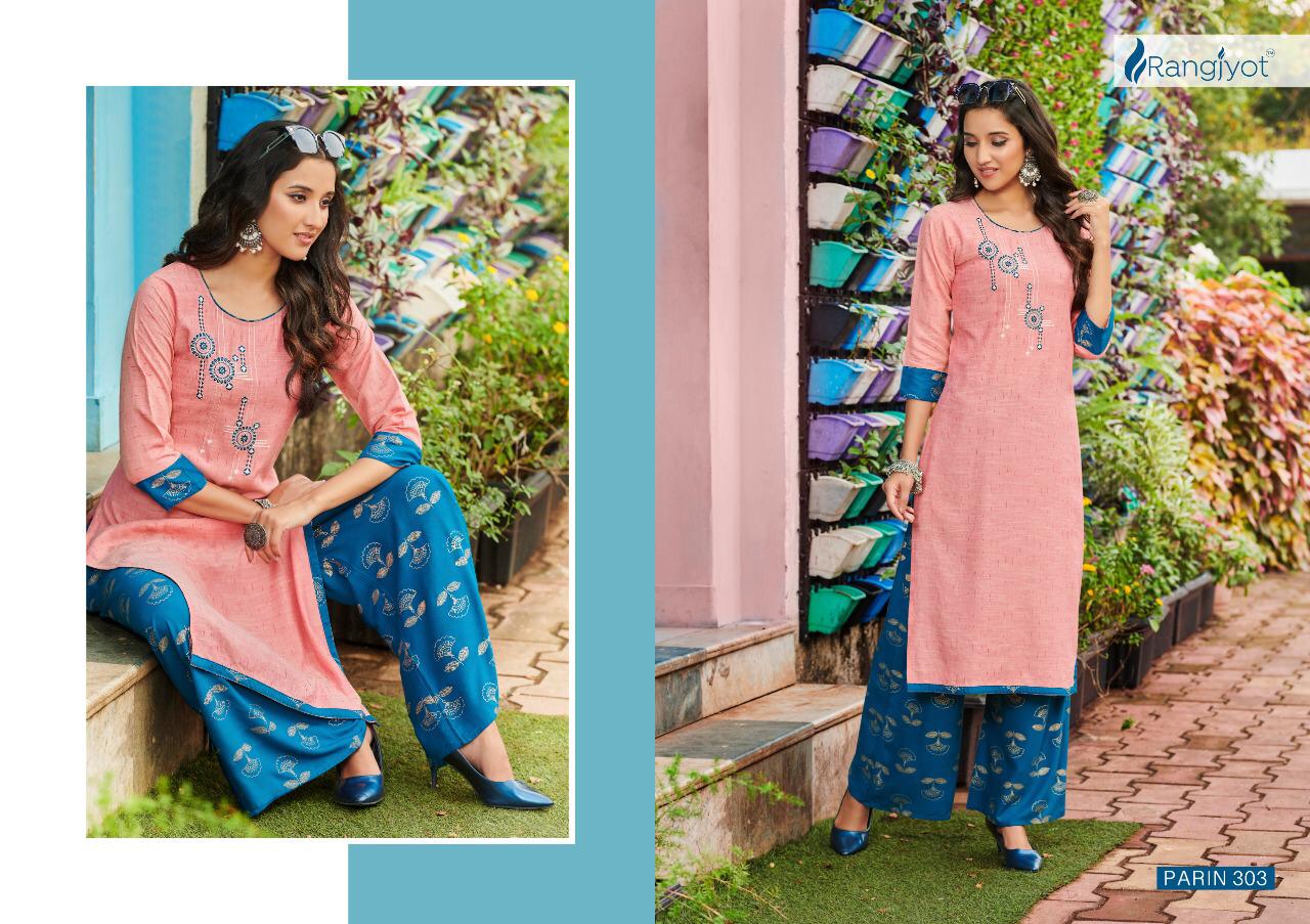 RANGJYOT PARIN VOL-3 Lateat fancy Festive Wear Heavy slub Rayon Dori With Gold Print Kurtis With Bottom Collection